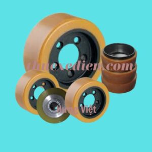 Bánh xe nâng điện Hyster màu vàng gồm bộ bánh lái, bánh tải, bánh cần bằng